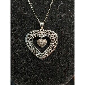 Sterling Silver 925 Filigree Double Heart Dangle Necklace 18"